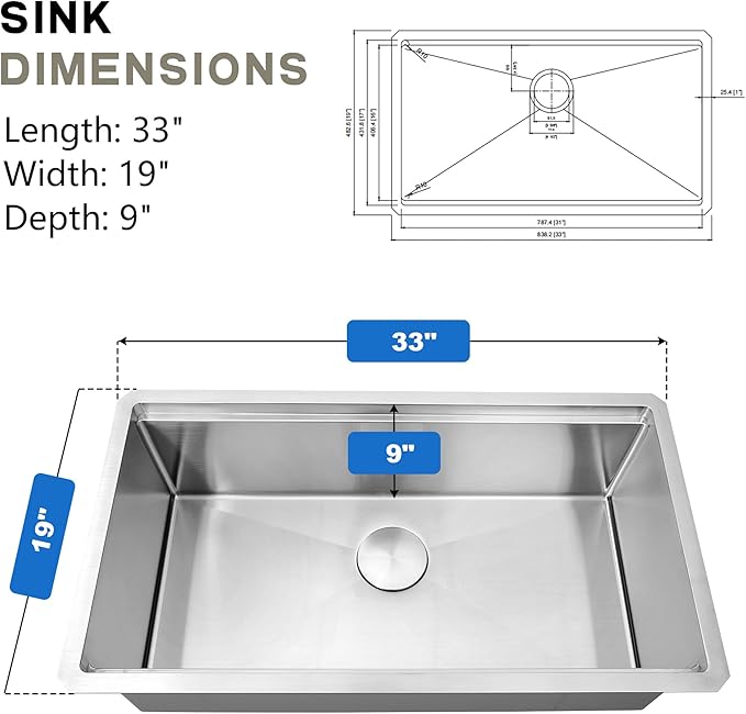 33 Inch Undermount Kitchen Sink, NANO-PVD 304 Stainless Steel Kitchen Sinks, 16 Gauge Deep Single Bowl Workstation Sink with Ledge & Accessories, 33"x19"x9" Deep and Large Basin