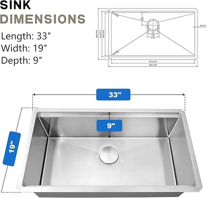 33 Inch Undermount Kitchen Sink, NANO-PVD 304 Stainless Steel Kitchen Sinks, 16 Gauge Deep Single Bowl Workstation Sink with Ledge & Accessories, 33"x19"x9" Deep and Large Basin