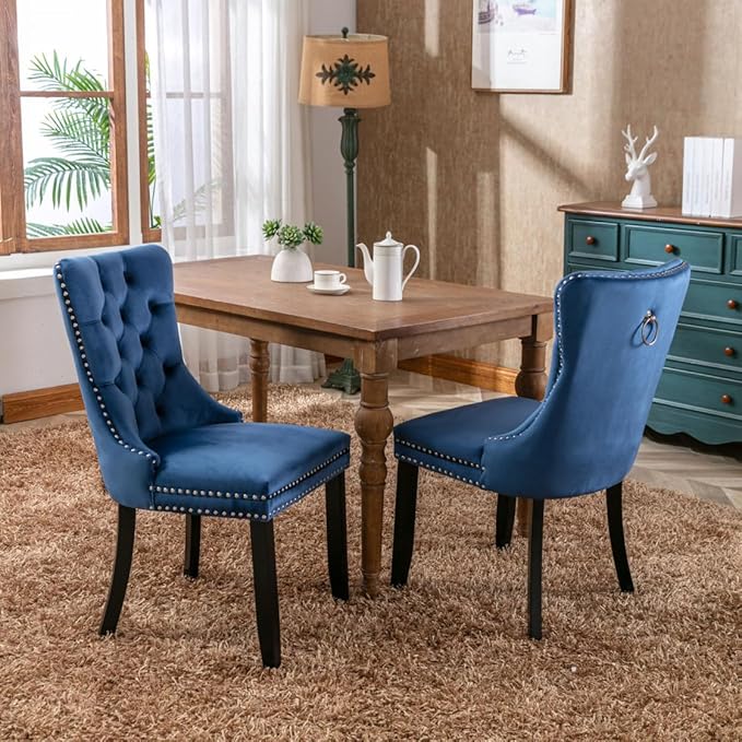 INCLAKE Dining Chairs Set of 2, Velvet Upholstered Dining Room Side Chairs with Button Tufted Back, Nailhead Trim & Wooden Legs, Modern Counter Height Bar Stools for Home Kitchen Island, Blue