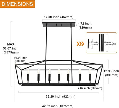 VINLUZ 7 Light E12 Dining Room Lighting Fixtures Hanging Farmhouse Chandelier in Matte Black Finish Modern Pendant Lighting Adjustable Height for Bedroom Living Room Hallway