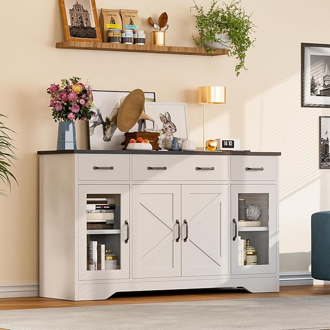 Likein Sideboard Buffet Cabinet with Storage, 55" Kitchen Coffee Bar Cabinet with 3 Drawers & Glass Doors, Farmhouse Sideboard Buffet Table with Adjustable Shelves for Living Room, Dining Room, White