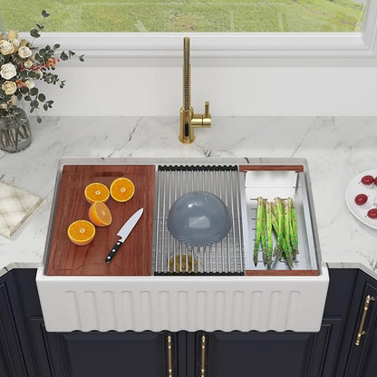 Kichae 33 White Farmhouse Kitchen Sink - 33X20 Inch Ledge Workstation Reversible Fluted Apron Front Ceramic Porcelain Farm Sinks Single Bowl with Gold Drain