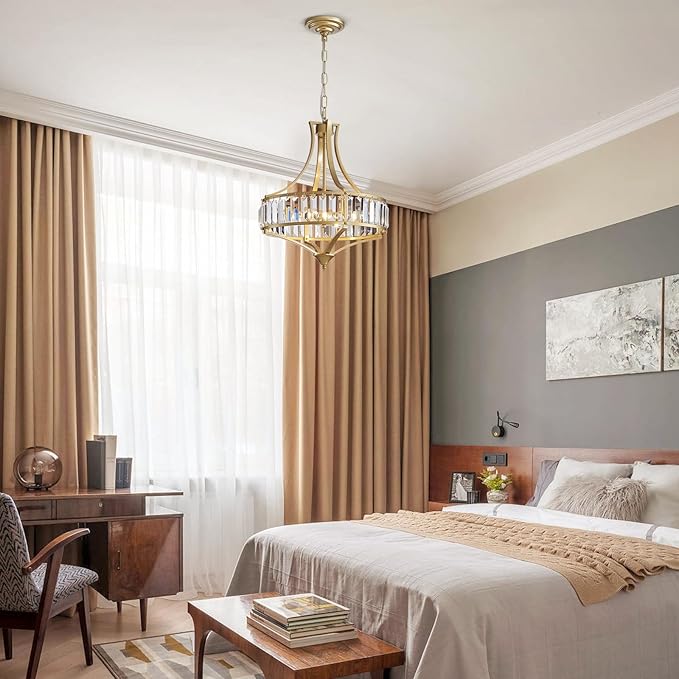 Modern Gold Crystal Chandeliers for Dining Room Pendant 4-Light Rustic Farmhouse Chandelier with Round Metal Lampshade for Living Room Kitchen Island Hallway Bedroom Foyer
