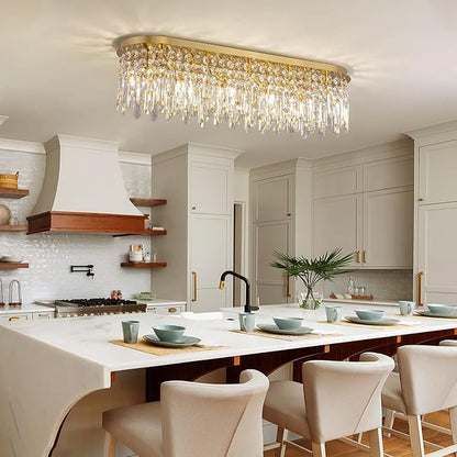 Siljoy Modern Crystal Chandelier 10 Lights Gold Rectangular Flush Mount Raindrop Crystal Chandelier Ceiling Light Fixture Oval for Dining Room Living Room Kitchen Island L40 Inch