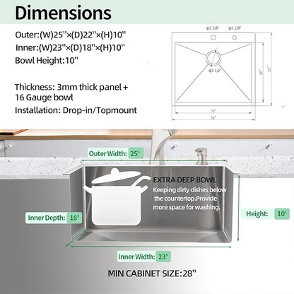 Drop In Kitchen Sink, 25 x 22 x 10 Inch 16 Gauge Single Bowl Topmount Sink T-304 Stainless Steel Kitchen Sinks with Accessories