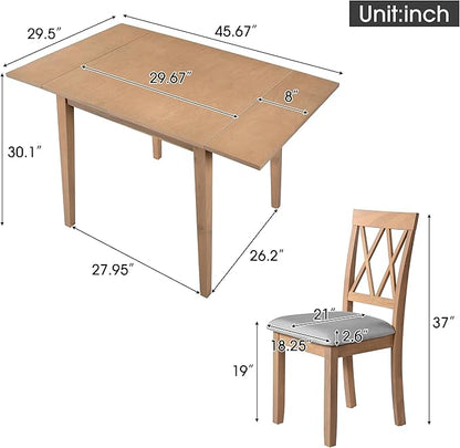 Ball & Cast 5-Piece Farmhouse Drop Leaf Folding Dining Table with Chairs, 29.57"~45.67" Extendable Table w/4pcs Backrest Dining-Chair, Foldable Kitchen Breakfast Set for 4,Space Saving,Natural
