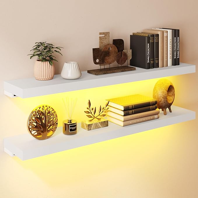 BAMEOS Floating Shelves with Lights, 35" White Wall Mounted Wood Shelves with Invisible Brackets, Set of 2, Display Wall Shelves Decoration for Bedroom, Bathroom, Living Room, Kitchen Storage