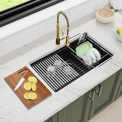 Davivy 30 Inch Black Granite Sink Workstation, 30 x 18 Black Undermount/Drop In Kitchen Sink, Deep Quartz Composite Single Bowl with Accessories