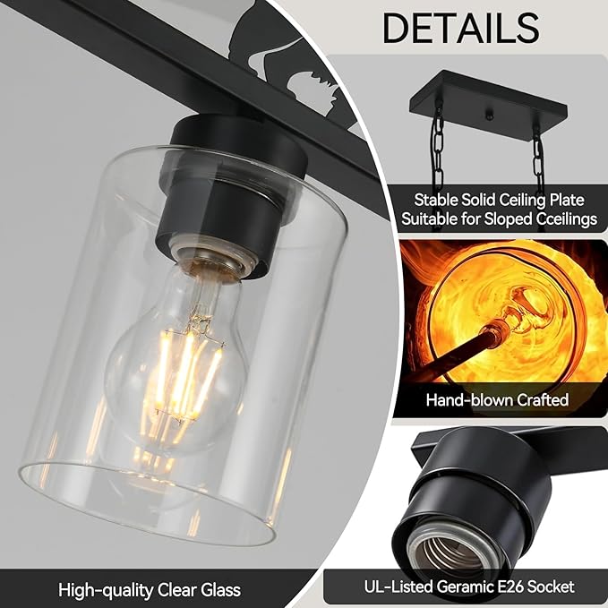 Dining Room Light Fixture/Chandelier Over Table,6-Light Kitchen Island Lighting Hanging for Farmhouse Linear Chandeliers Black Rustic Ceiling Pendant Light Fixtures with Clear Glass Shade