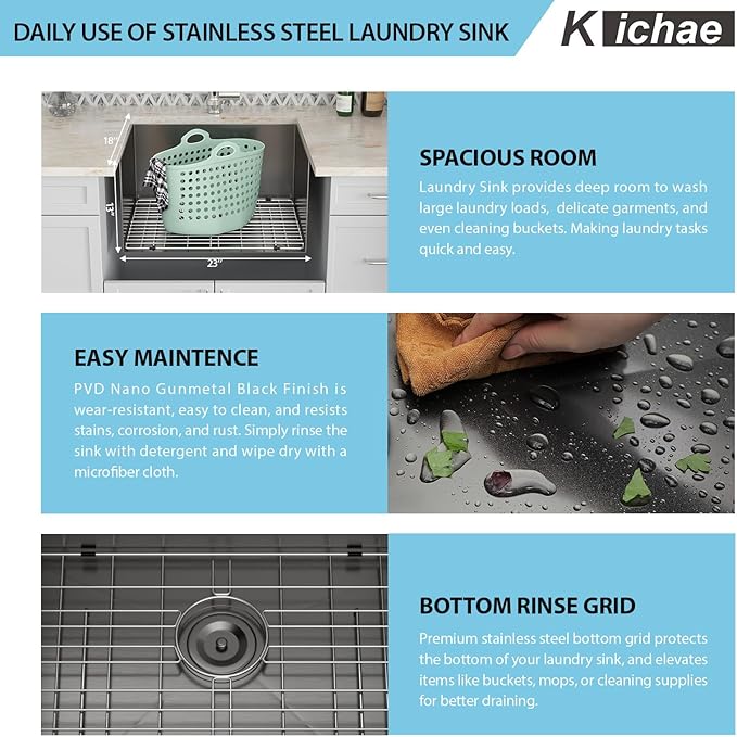 Kichae 23 Laundry Sink Undermount - 23”x18" Black Undermount Utility Sink 13" Deep Stainless Steel 16 Gauge Single Bowl Under Counter Handmade Laundry Utility Room Basin