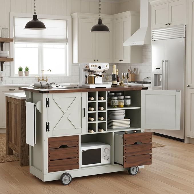 54" Farmhouse Kitchen Island Table with Drop Leaf, Power Outlet, Kitchen Storage Cart with 2 Doors, 2 Drawers, Rolling Kitchen Island on 4 Large Wheels with Spice Rack for Kitchen, Dining Room, White