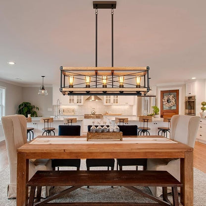 Farmhouse Kitchen Island Lighting, 5-Light Solid Wood 31.5” Dining Room Pendant Light Fixtures, Rustic Chandelier with Adjustable Height for Dining Room Kitchen Bar Pool Table (Natural Wood)