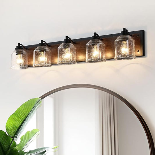 Vanity Lights for Bathroom Large 40", Farmhouse Rustic Vanity Light with Bubble Glass Shades, Brown 5 Light Bathroom Lighting Fixtures Over Mirror, Bath Wall Sconce Home Decor