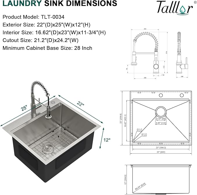 Outdoor Kitchen Sink - Drop In Utility Sink with Faucet Combo 25x22x12 Topmount Workstation 16 Gauge Stainless Steel Single Bowl Sinks for Laundry Room, Outdoor, Garage #TLT-0063