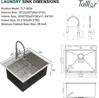 Outdoor Kitchen Sink - Drop In Utility Sink with Faucet Combo 25x22x12 Topmount Workstation 16 Gauge Stainless Steel Single Bowl Sinks for Laundry Room, Outdoor, Garage #TLT-0063