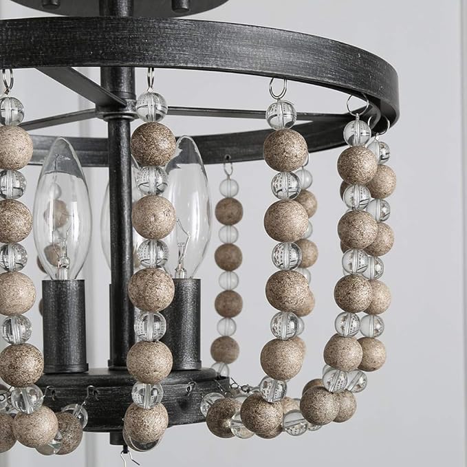 LALUZ Ceiling Light Fixture, 3-Light Bohemian Lighting for Entryway, Foyer, Distressed Wood Bead Chandelier, Dark Silver Brushed, 12 D” x 13.6” H