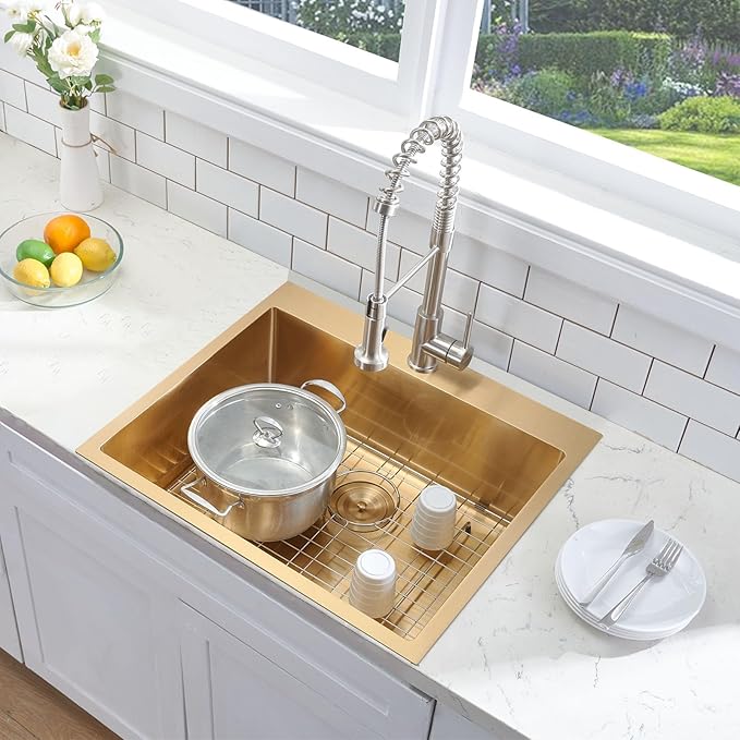 SHACO 18x18 Inch Gold Bar Sink, 18 Inch Drop In Gold Small Kitchen RV Laundry Utility Sink, Top Mount 16 Gauge Stainless Steel Single Bowl