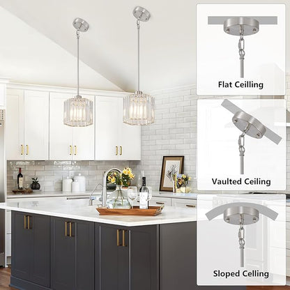 XSDeTu Brushed Nickel Pendant Light Fixtures, Modern Crystal Hanging Ceiling Light, 1-Light Mini Farmhouse Chandelier, Adjustable Hexagonal Island Lights for Kitchen, Dining Room, Bedroom, 2 Pcs