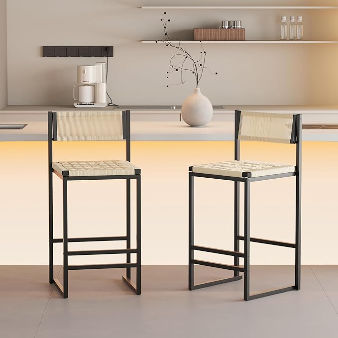 Set of 2 Woven Bar Stools with Backrest Paper Rope Weave Dining Chairs for Kitchen Island (Style B Black Creamy White)