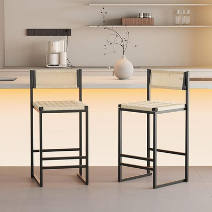 Set of 2 Woven Bar Stools with Backrest Paper Rope Weave Dining Chairs for Kitchen Island (Style B Black Creamy White)