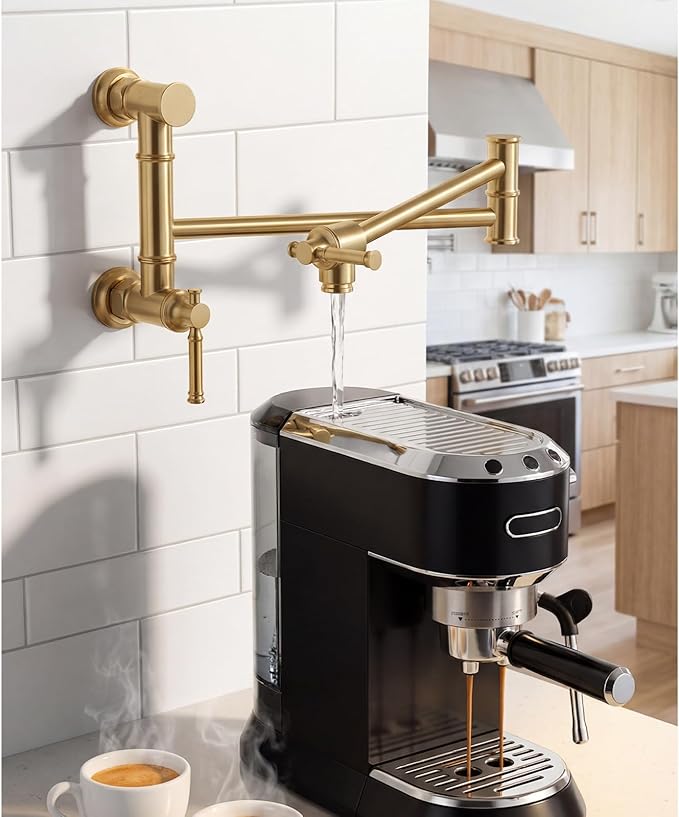 Brushed Gold Pot Filler, Lava Odoro Brass Pot Filler Faucet Two-Attachment Wall Mount Folding Kitchen Pot Filler Over Stove Pot Faucet Swing Arm, PF312-SG