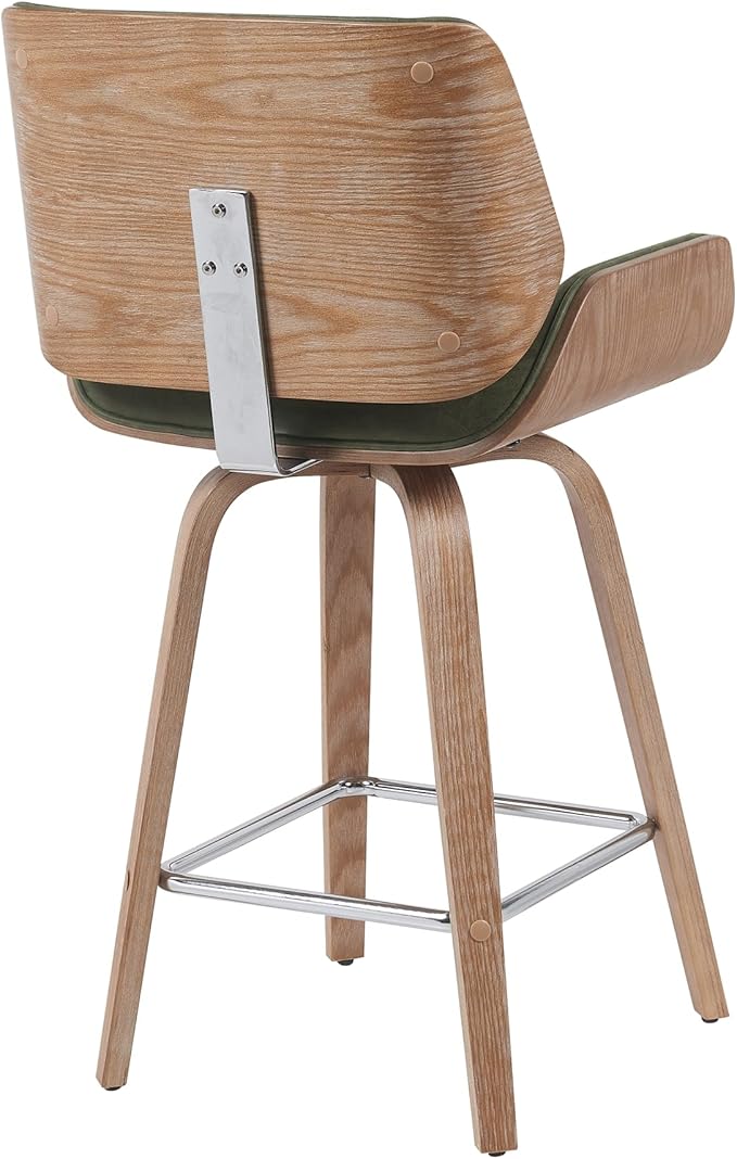 Armen Living Tyler Modern Counter Height Swivel Bar Stool with White Wash Finished Wood and Vintage Green Upholstery