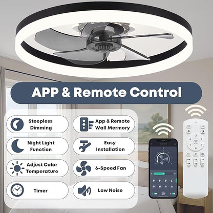 Fszdorj 23.6'' Ceiling Fan with Light, Upgraded Low Profile Fan, Flush Mount Ceiling Fan, 6 Speeds, Dimmable LED, App & Remote Control, Quiet DC Motor, for Bedroom, Living Room, F115 Black