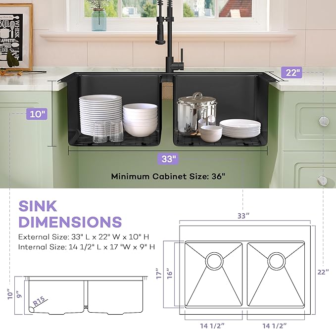 LQS 33 Inch Black Drop in Kitchen Sink, Spacious 33 x 22 Drop In Kitchen Sink 50/50 Double Bowl, 16 Gauge Handmade Black Stainless Steel Kitchen Sink with Practical Accessories, R15 Round Corner