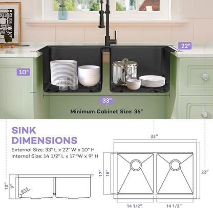 LQS 33 Inch Black Drop in Kitchen Sink, Spacious 33 x 22 Drop In Kitchen Sink 50/50 Double Bowl, 16 Gauge Handmade Black Stainless Steel Kitchen Sink with Practical Accessories, R15 Round Corner