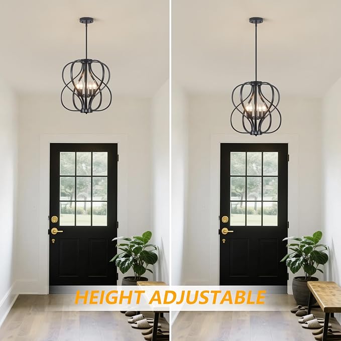 18.5 inch Modern Farmhouse Chandelier for Dining Room, 5-Light Black Chandelier with Metal Cage Adjustable Industrial Drum Hanging Pendant Lights for Kitchen Island Entryway Hallway Bedroom Foyer