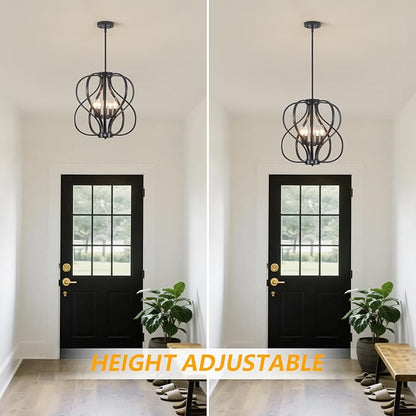 18.5 inch Modern Farmhouse Chandelier for Dining Room, 5-Light Black Chandelier with Metal Cage Adjustable Industrial Drum Hanging Pendant Lights for Kitchen Island Entryway Hallway Bedroom Foyer