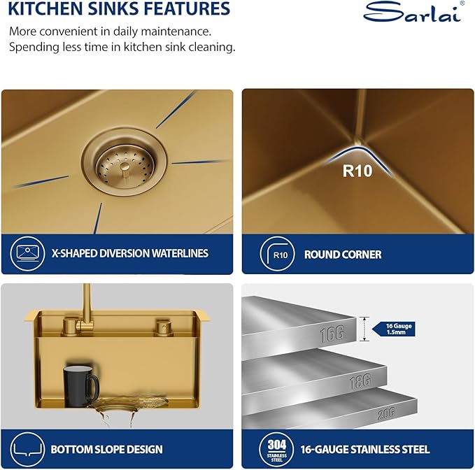 Sarlai Undermount Bar Sink - 18 Inch Gold Undermount Kitchen Sink Workstation with Foldable Faucet 18x18 Inch Outdoor Bar Prep Single Bowl Gold Sinks 16 Gauge Stainless Steel BBQ Basin with Cover