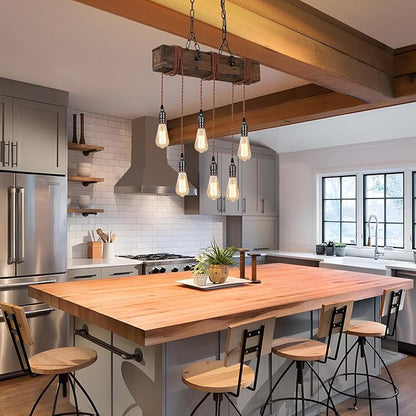 KEESFU 6-Lights Dining Farmhouse Chandelier, Farmhouse Wooden Ceiling Pendant Light, Height Adjustable, Rustic Chandelier for Kitchen Island Dining Room Bar Pool Table Cabin.