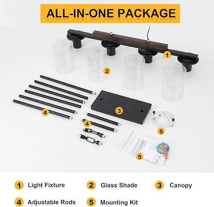 Mecgirn Farmhouse Dining Room Light Fixtures Over Table, Black Pendant Lights for Kitchen Island, 4 Light Linear Chandelier Lighting with Wood