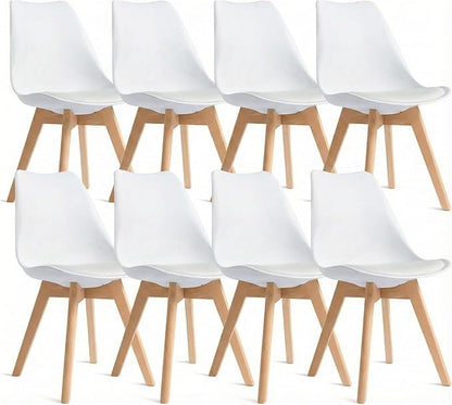 Dining Chairs Set of 8, Modern Upholstered Dining Room Chairs with PU Leather Padded Seat, Armless Kitchen Chairs with Curved Backrest and Solid Wood Legs for Dining Room, Kitchen, Apartment, White