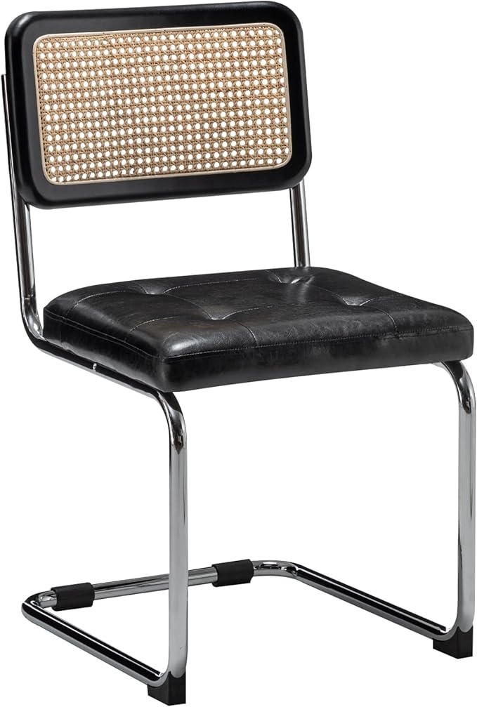 Alunaune Mid Century Modern Dining Chairs Set of 4, Upholstered Natural Rattan Kitchen Accent Chair, Armless Side Chairs with Metal Chrome Legs for Bedroom Living Room-Black, PU Seat