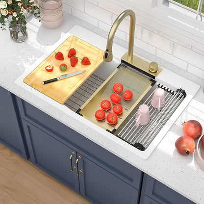 33x22 inch Drop In Kitchen Sink With Faucet White Waterfall Smart Granite Composite Workstation Kitchen Sink Top Mount Single Bowl 33"W x 22"D x 10"H