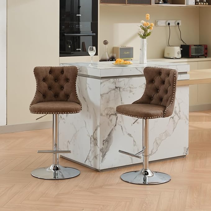 Swivel PU Leather Adjusatble Seat Height from 25 33 Inch, Chrome Base Bar Stools with Backs Comfortable Tufted for Home Pub and Kitchen Island, Beige,Set of 2,1512BR