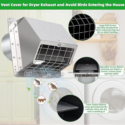 3 Inch Dryer Vent Cover Outside with Mesh and Damper,304 Stainless Steel Wall Vent Exhaust Vent Cover,3" Metal Dryer Vent Cover,Exterior Dryer Vent Hood Cap for Laundry Dryer Range Hood AC Air Vent