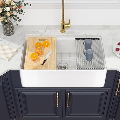 White Farmhouse Sink Fireclay Workstation Apron Front Farmer Kitchen Sink 30"x20" Undermount Single Bowl Kitchen Sink with Accessories