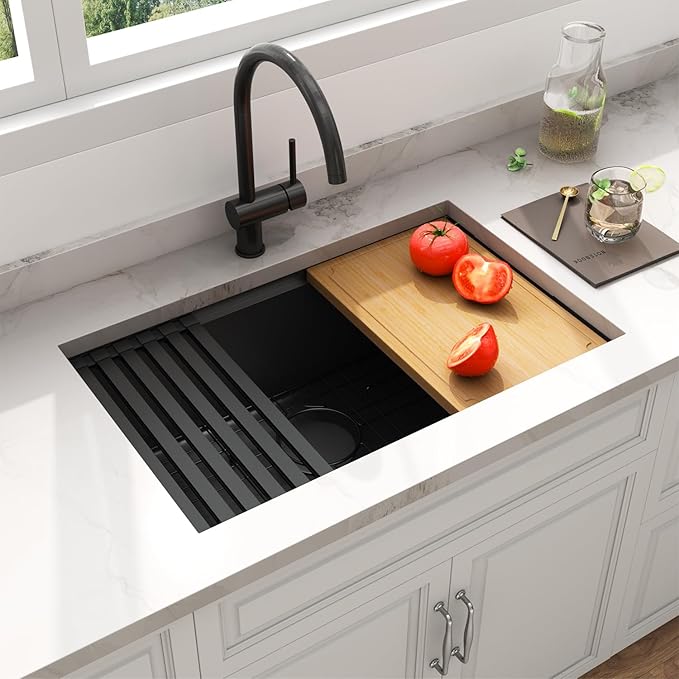 LQS 28 Inch Black Undermount Kitchen Sink, Undermount Kitchen Sink with 10" Deep Single Bowl, 16 Gauage Stainless Steel Material, Workstation Ledge with Abundant Accessories, R10 Round Corner