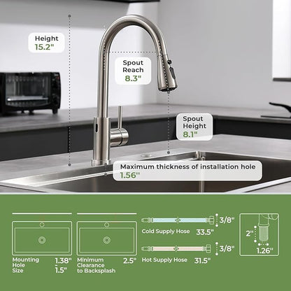 Touchless Kitchen Faucet, VFAUOSIT Kitchen Sink Faucet with Pull Down Sprayer Brushed Nickel Motion Sensor Smart Hands-Free, Stainless Steel Single Hole Faucet for Bar Laundry RV Bathroom Sink