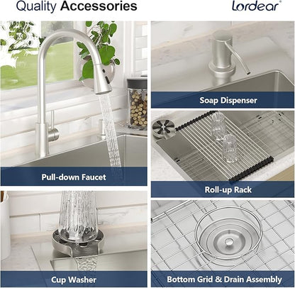 Lordear 33 Inch Drop In Kitchen Sink with Faucet Combo 33 x 22 Stainless Steel Kitchen Sink Top Mount Single Bowl 16 Gauge T304 with Drain Strainer Glass Rinser Soap Dispenser Grid Rollup Rack