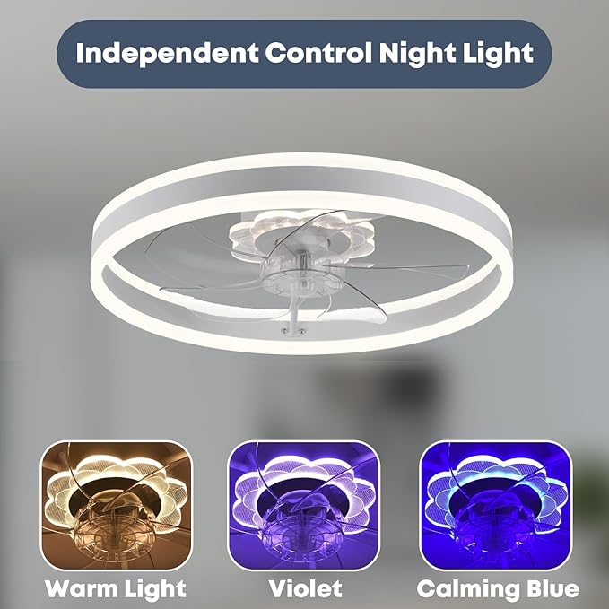Fszdorj Ceiling Fan with Light, Upgraded 20‘’ Low Profile Fan, Flush Mount Ceiling Fan, 6 Speeds, Dimmable LED, App & Remote Control, Quiet DC Motor, for Bedroom, Living Room, F105 White