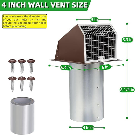 4 Inch Dryer Vent Cover Outside Hooded Wall Vent with Screen and Damper, Exhaust Vent Wall Mount Exterior Wall Vents Cover Cap for Dryer Ventilation&Outdoor Air Exhaust,Galvanized Steel,Brown