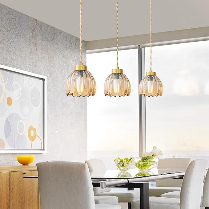 Vintage Pendant Light Fixtures Small Pendant Lighting Amber Glass Hanging Ceiling Light Flower Pendant Lights Kitchen Island for Dining Room Bedroom Living Room Hallway 3 Pack