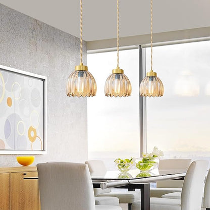 Vintage Pendant Light Fixtures Small Pendant Lighting Amber Glass Hanging Ceiling Light Flower Pendant Lights Kitchen Island for Dining Room Bedroom Living Room Hallway 3 Pack