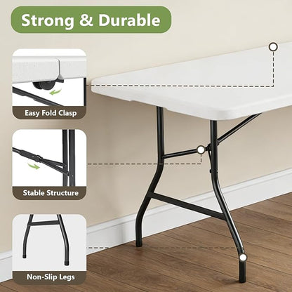 Folding Table 8FT Heavy Duty Plastic Table with Handle, Foldable&Portable, Fold-in-Half Utility Tables for Outdoor, Dining, Wedding, Events, Indoor, Picnic, Camping, Party, White