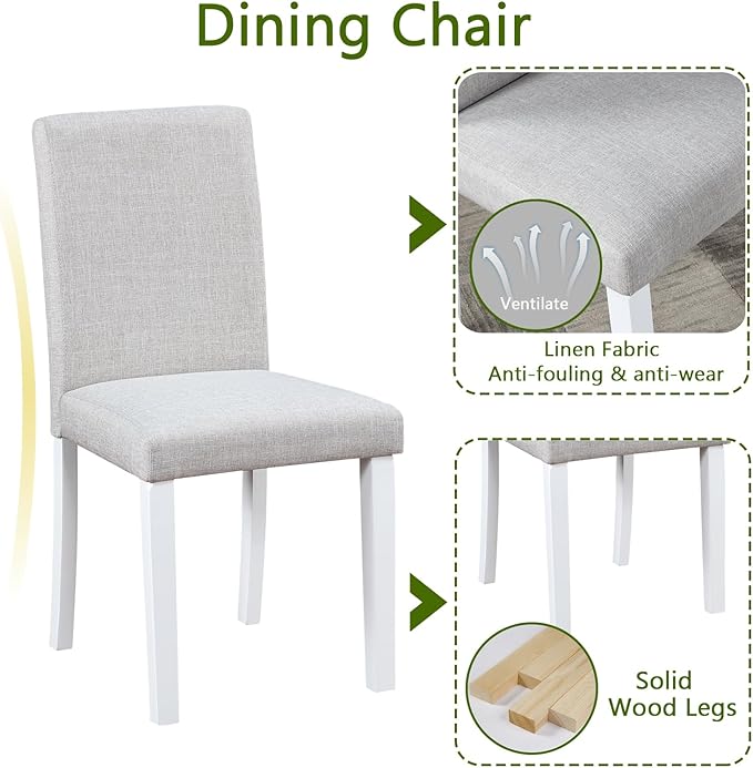 5 Piece Dining Table Set for 4, Rectangular Wooden Kitchen Table with 4 Upholstered Chairs, Elegant White Dining Room Set with Crystal Decoration