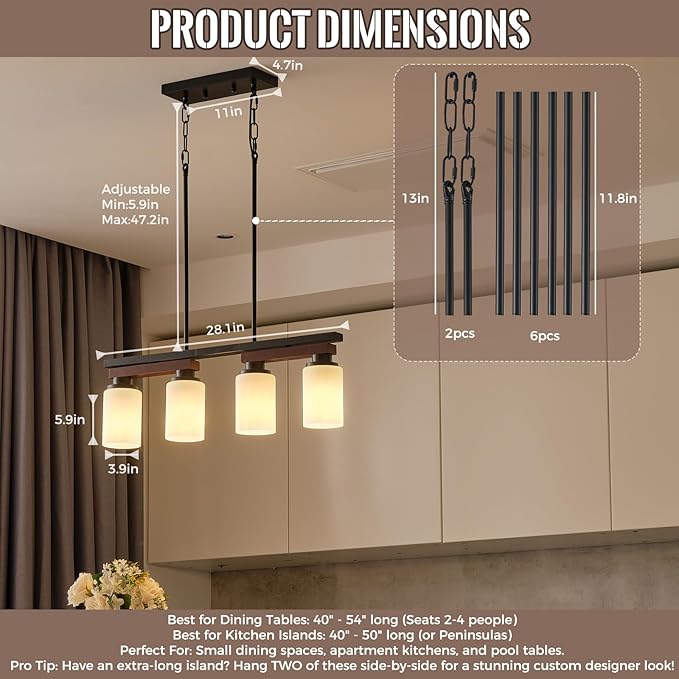 4-Light Kitchen Island Lighting & Farmhouse Dining Room Light Fixtures Over Table, Rustic Wood Linear Chandelier Adjustable Ceiling Hanging Pendant - Rotating Design, Customizable Shapes, Milk Glass